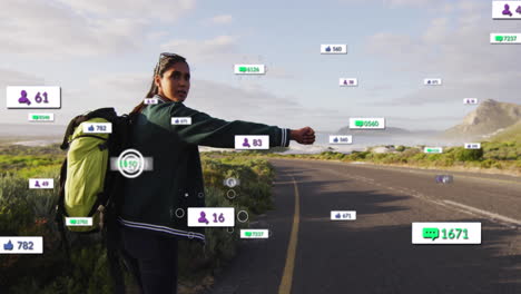 animación de múltiples barras de notificación sobre mujer biracial levantando parada para tomar ascensor en la autopista