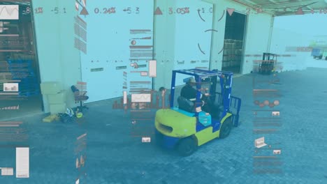 animation of graphs and trading board over man driving forklift towards warehouse