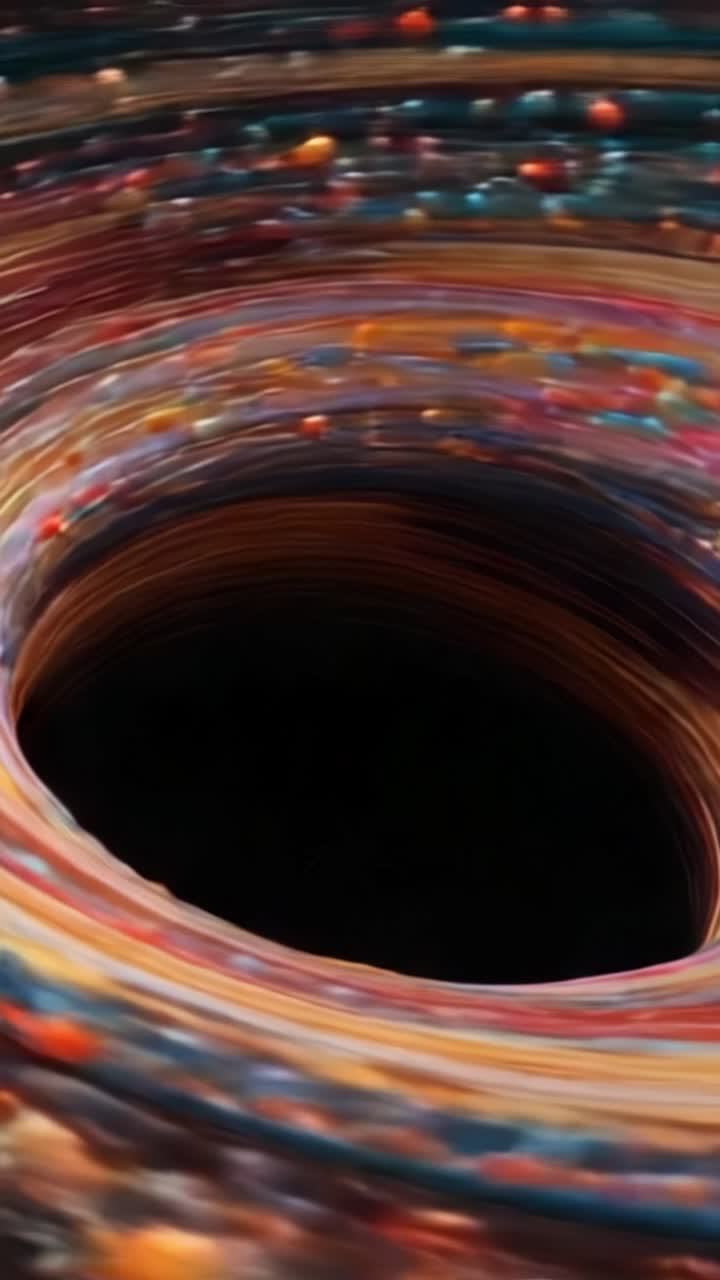 Swirling Vibrant Particles Around a Cosmic Vortex: A Mesmerizing Dance of Colors and Motion in a Celestial Phenomenon Representing Energy and Gravity Dynamics