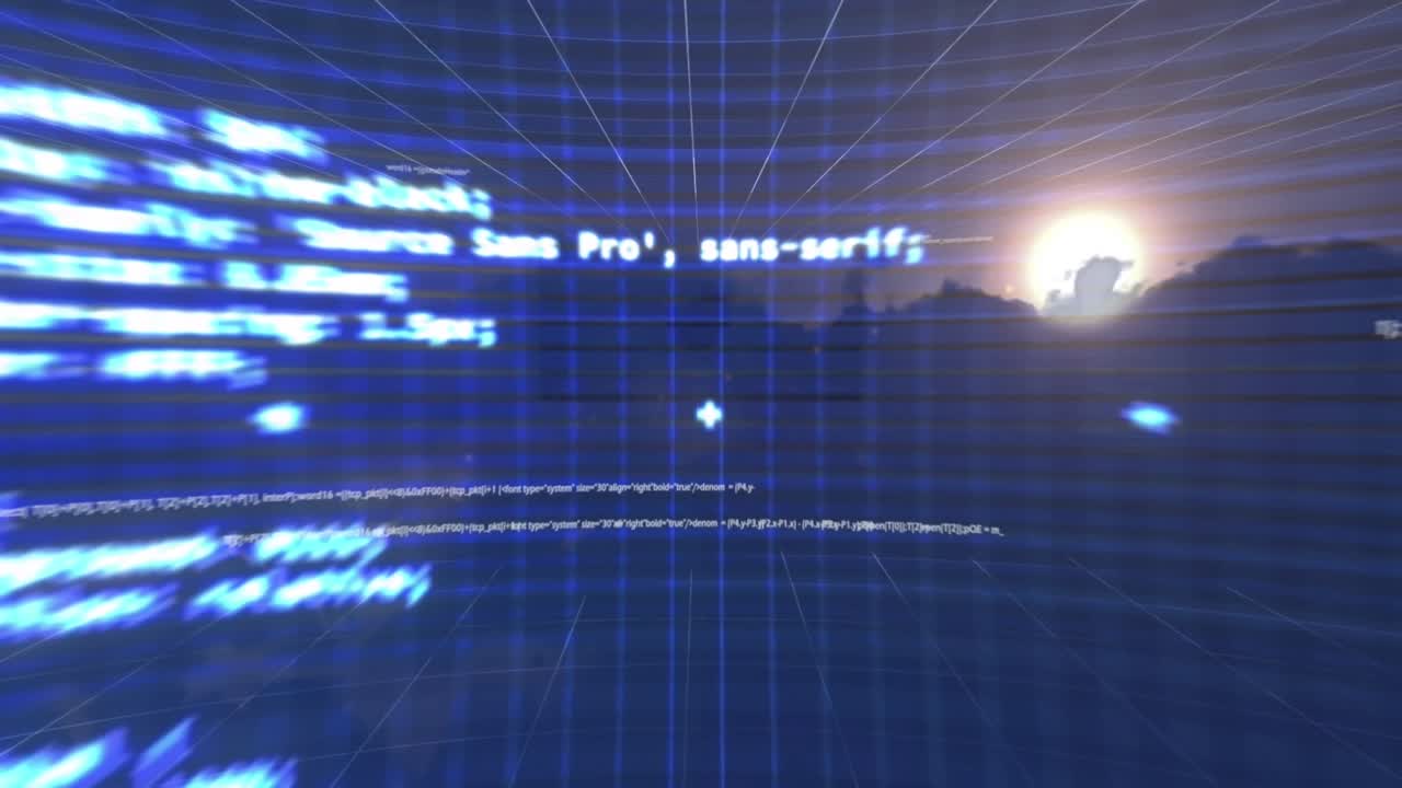 Animazione di grafici, radar, onda sonora e linguaggio informatico su sfondo astratto.