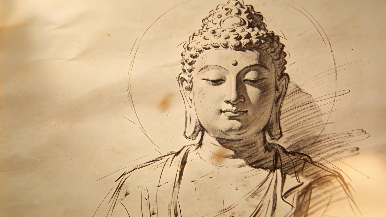 Luce calda che si sposta rivelando un busto di Buddha disegnato a mano su pergamena invecchiata, con particelle fluttuanti