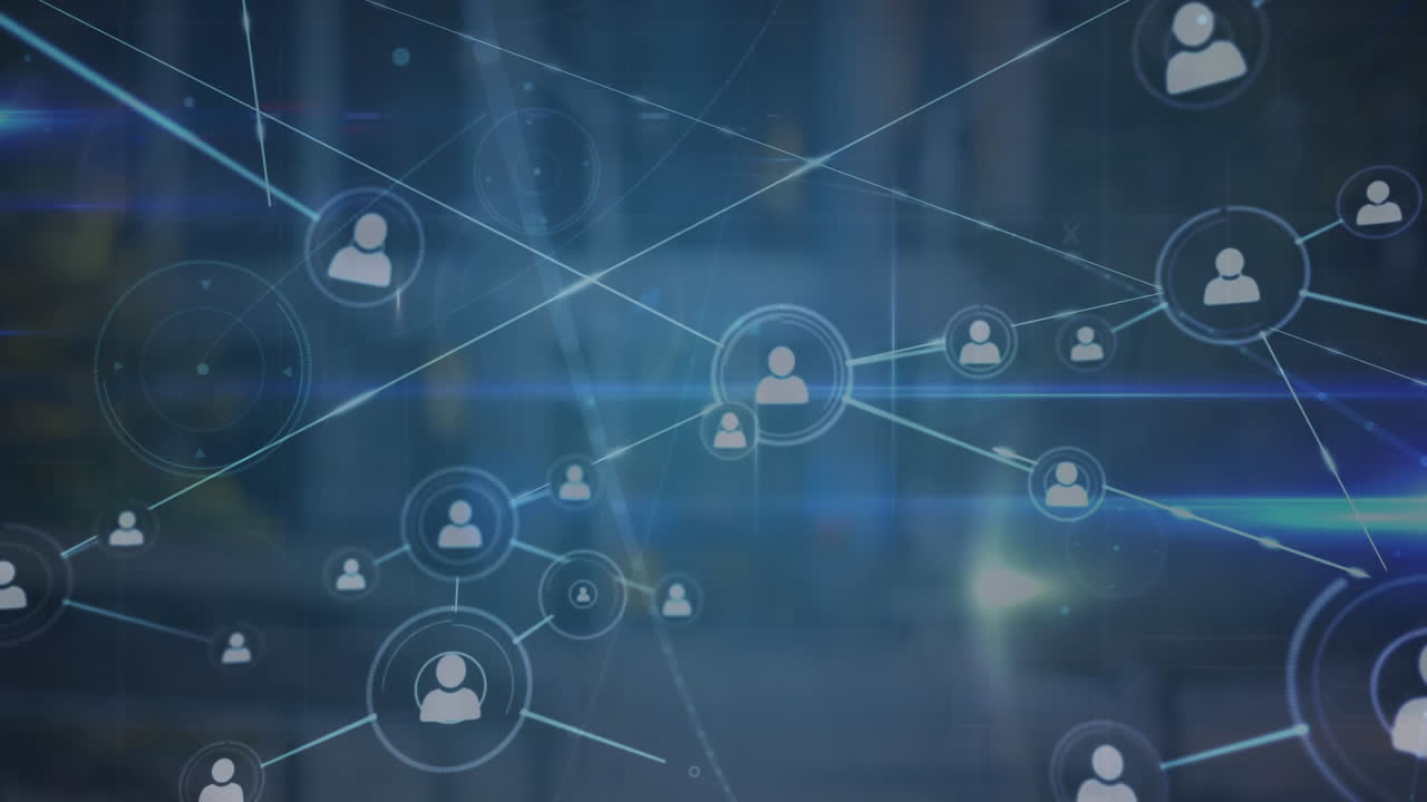 Animation of network of profile icons and blue light trails against city traffic