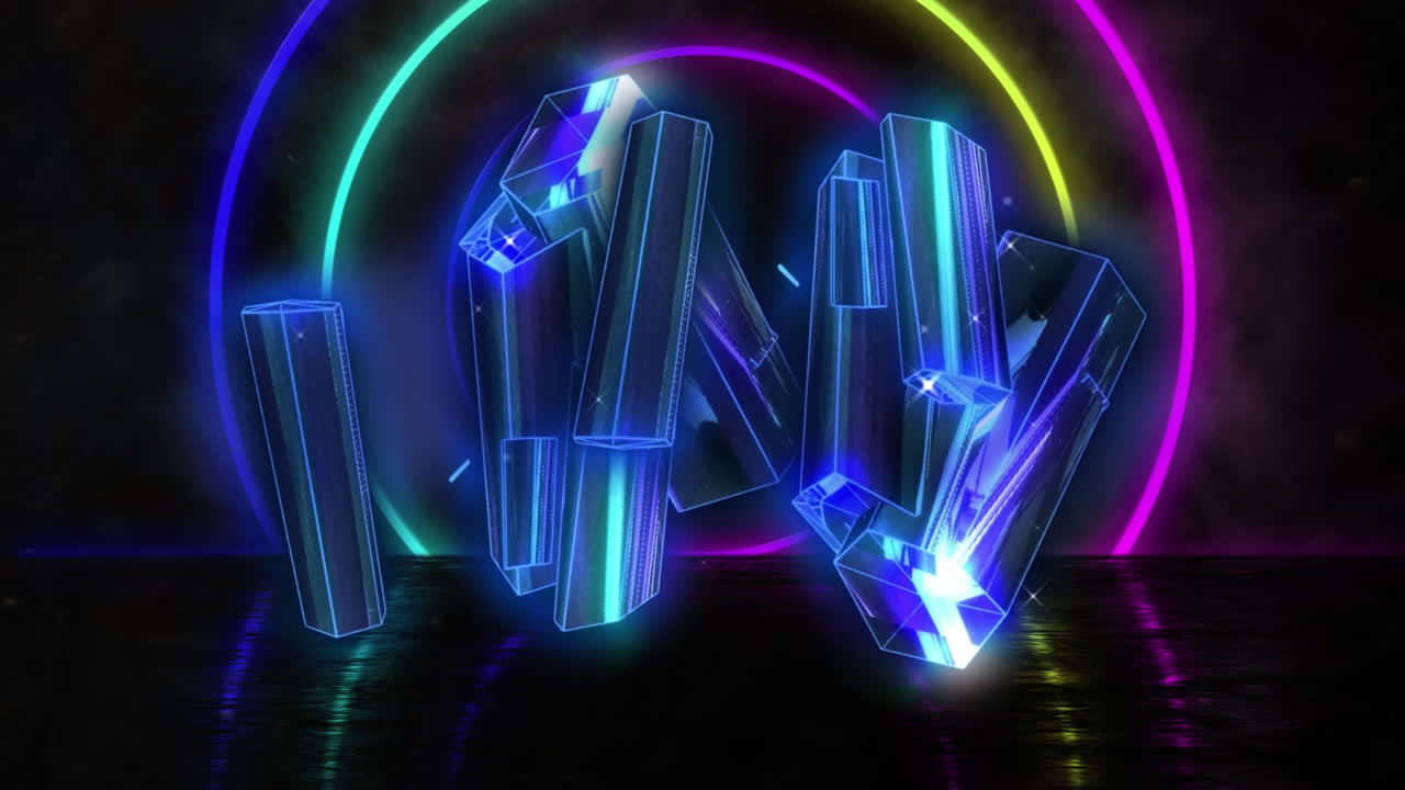 검은색 배경에 네온 원 위에 반이는 파란색 모양의 애니메이션