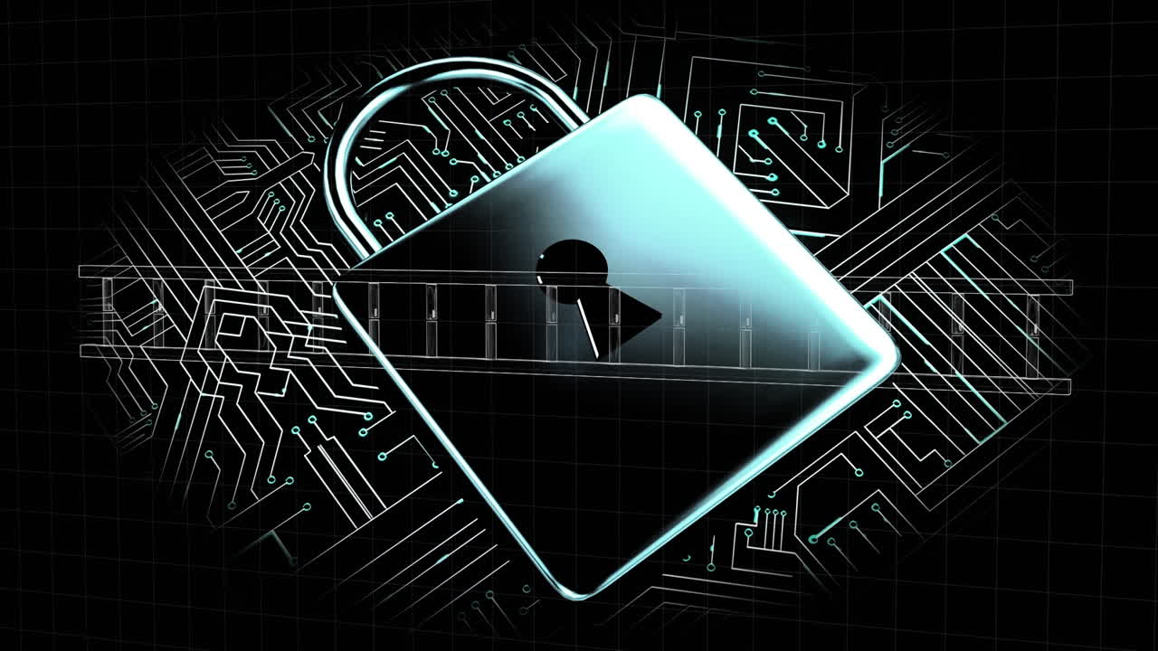 animación del candado de seguridad en línea, placa de circuito sobre la hilera de adn girando