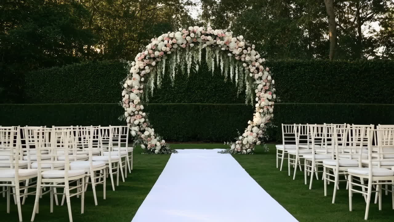 Outdoor Wedding Ceremony Setup with Floral Arch
