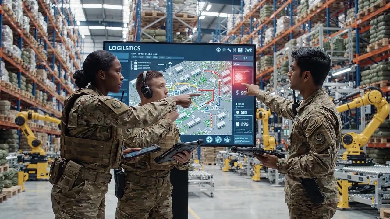 Military personnel collaborate utilizing advanced logistics technology to optimize operations in a bustling warehouse environment, showcasing teamwork and strategy.