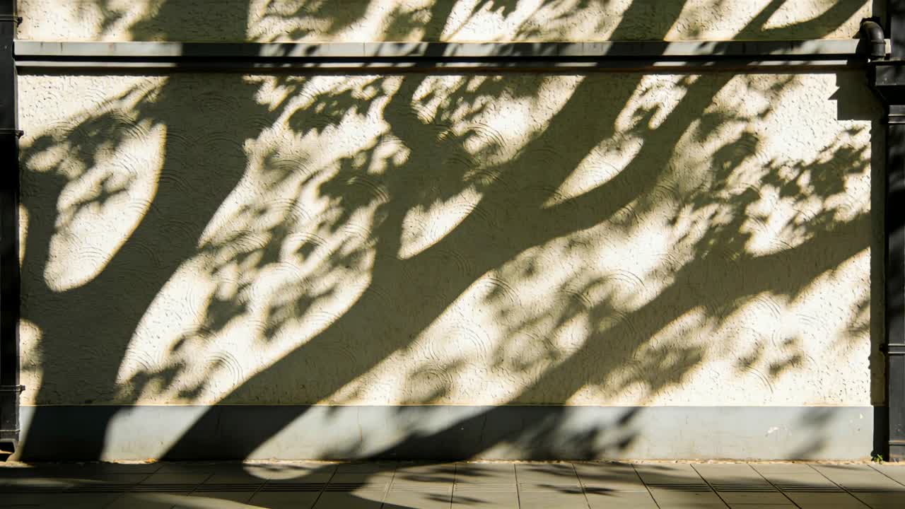 Shifting tree shadows drifting across textured wall at sidewalk, sunlight flickering, metal rails