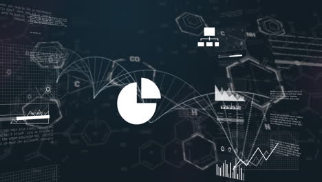 animation of multiple graphs over dna helix and computer language against black background