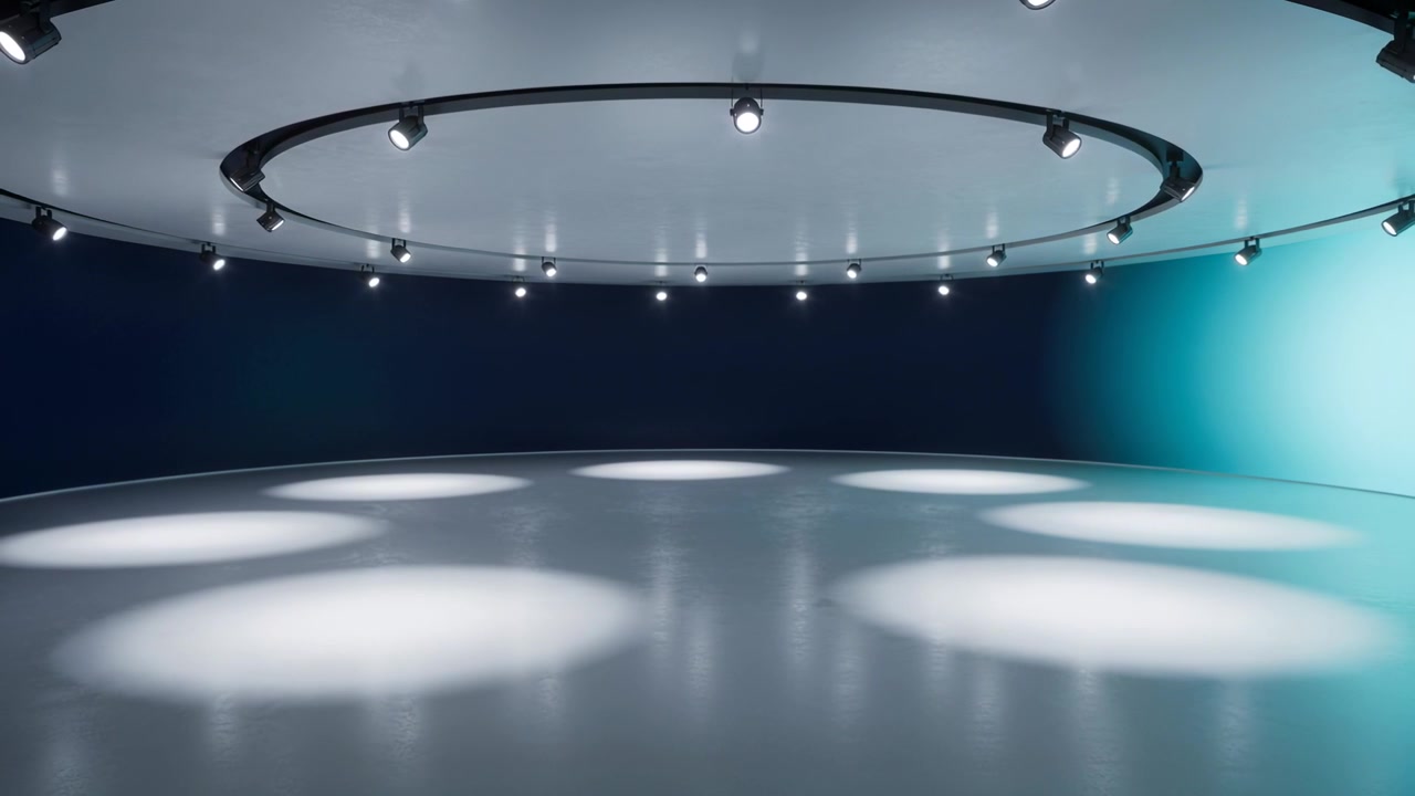 La telecamera si allontana e si abbassa per rivelare l'intera struttura aerea e il pavimento lucido del palco, mentre le luci vengono riorientate.