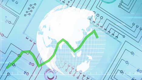 Animation-Von-Finanzdiagrammen-Und-Integrierten-Schaltkreisen-über-Dem-Globus-Auf-Blauem-Hintergrund