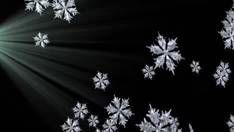 Animation-of-light-trails-and-snowflakes-on-black-background