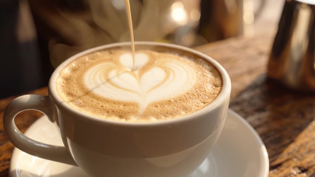 Un Latte Squisitamente Realizzato con un'Intricata Latte Art a Cuore, Catturato in un'Accogliente Caffetteria, Perfetto per gli Amanti del Caffè e per il Piacere Estetico.
