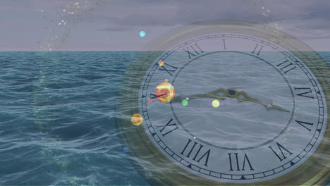 animation of solar system, planets and space over clock ticking