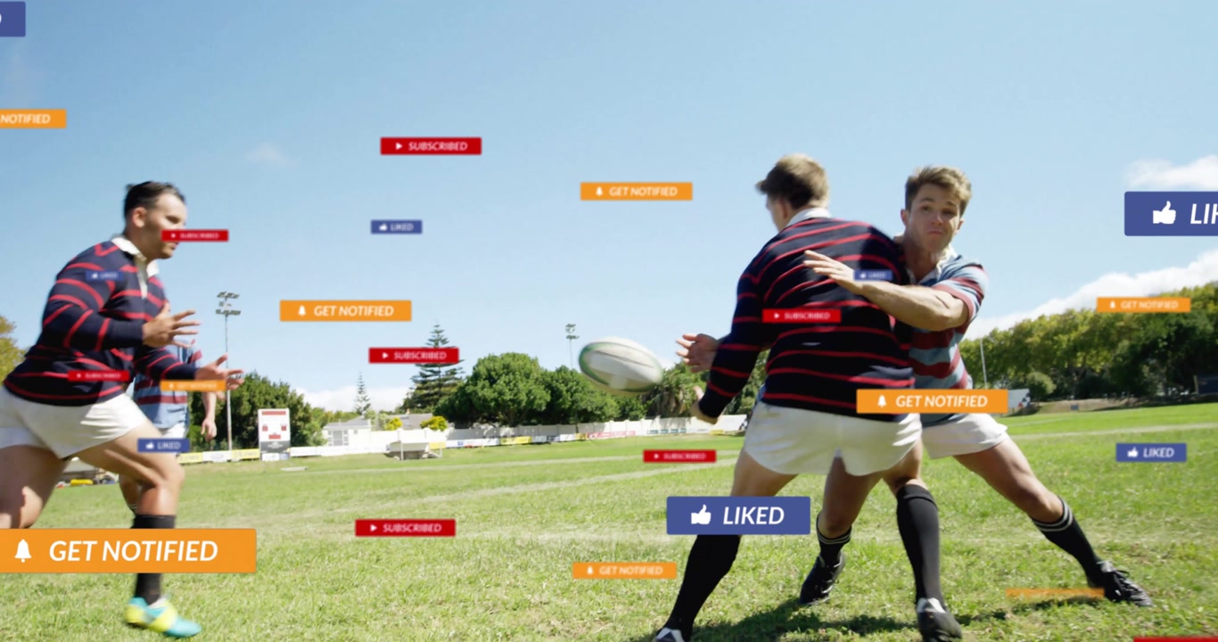 Animation af notifikationer fra sociale medier over kaukasiske mandlige rugbyspillere i kamp.