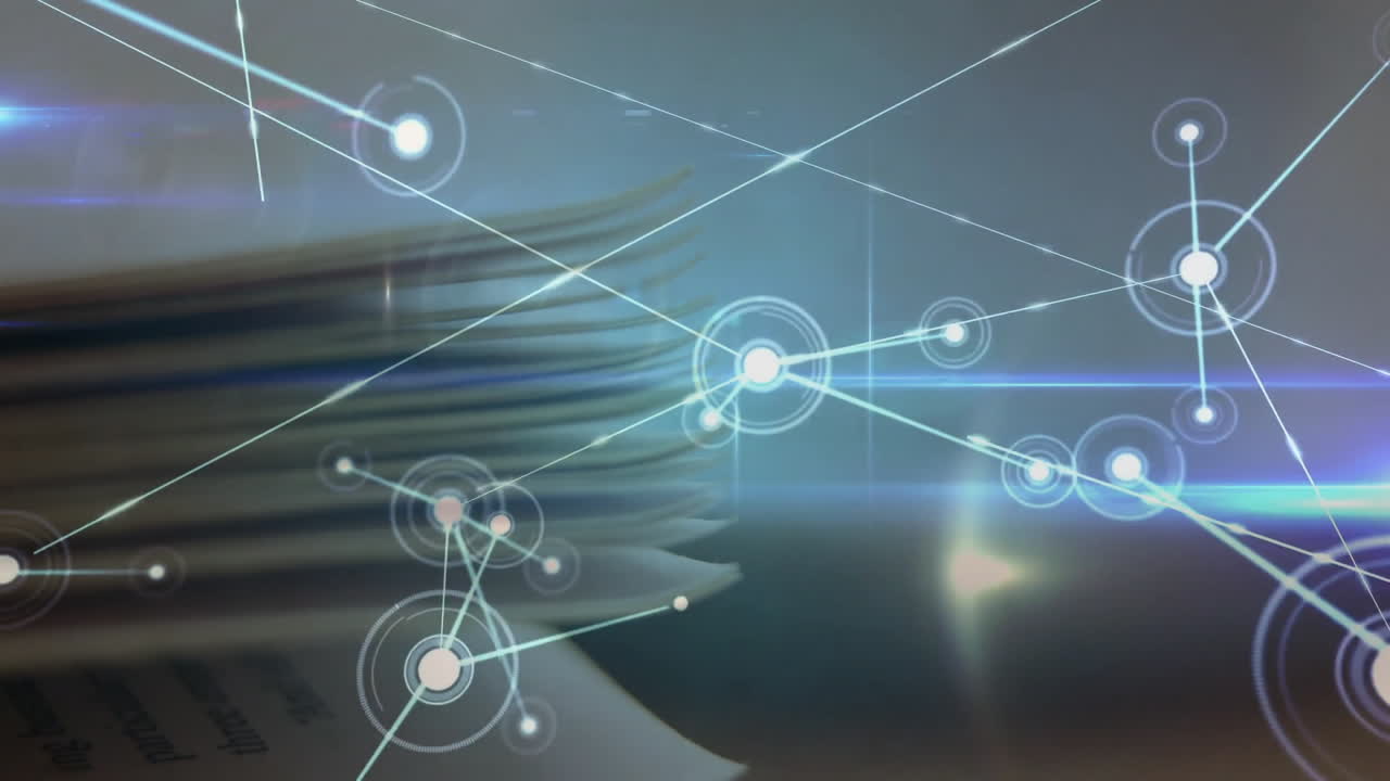 Glowing digital network moving above blurred paper layers showing connected nodes and lens flare