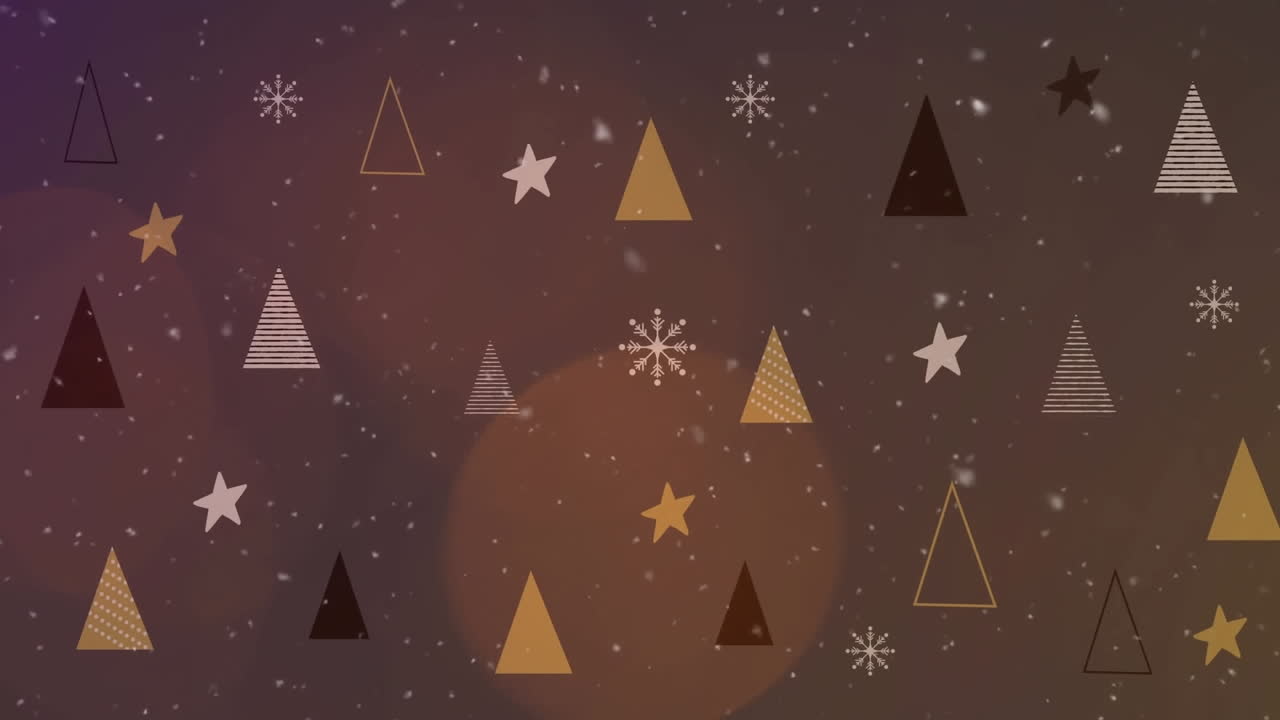 animación de nieve cayendo sobre árboles y manchas de luz sobre fondo marrón.