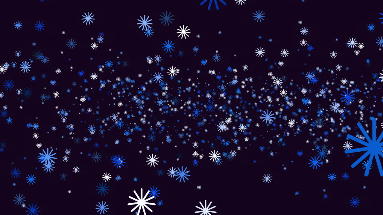 A striking image showcasing a blue and white snowflake pattern against a black background, with delicate snowflakes gently cascading from the top
