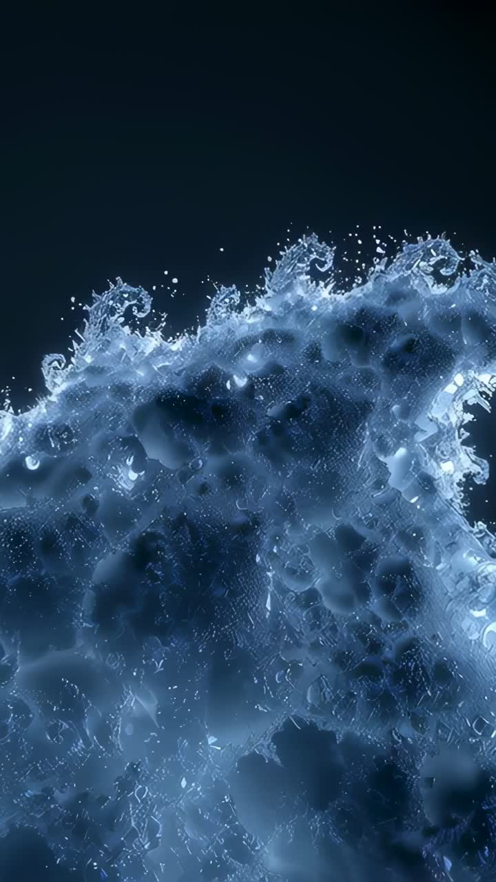 Video verticale: massa di onde di schiuma blu arricciante che si evolve attraverso i fotogrammi nel vuoto scuro, emettendo goccioline