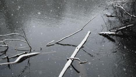 Snow-falling-into-river-onto-logs-in-slow-motion