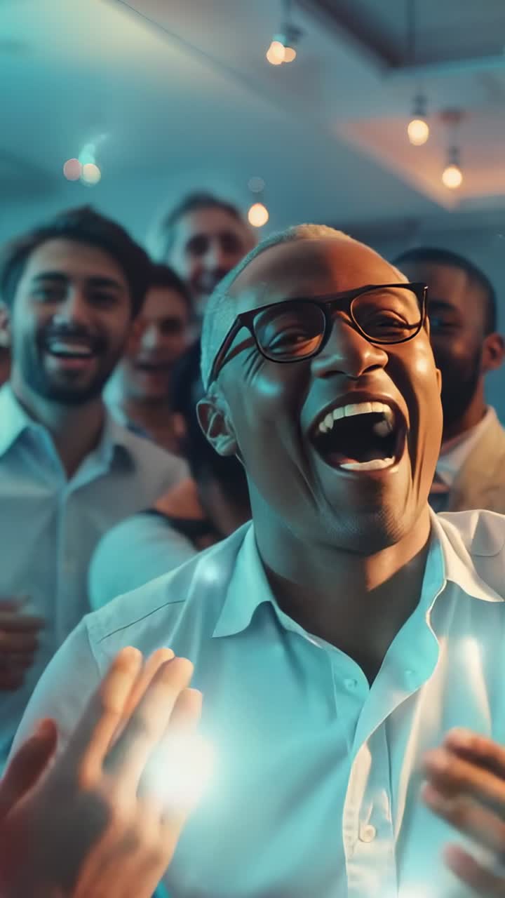 Vertical video: Laughing man in shirt, glasses clapping with team in boardroom, celebrating success