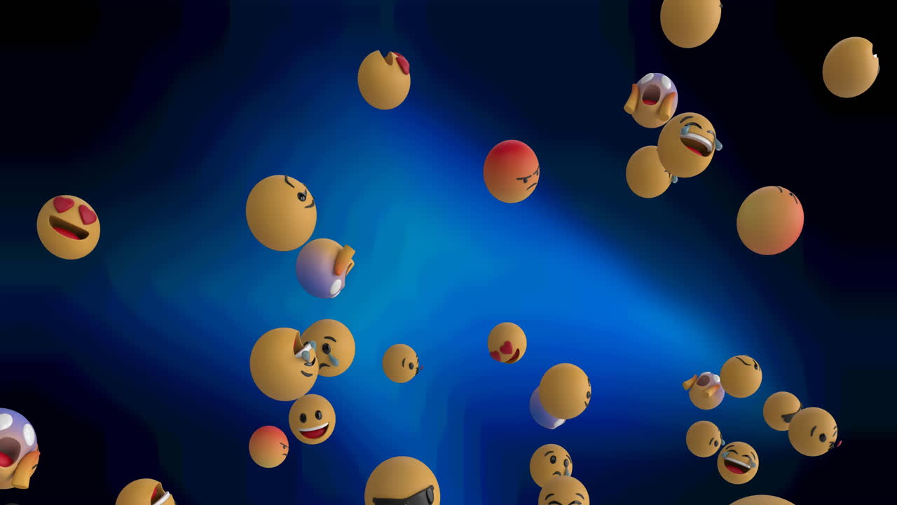 Digitální animace několika obličejových emoji vznášejících se na pozadí modrých světelných bodů na černém pozadí.