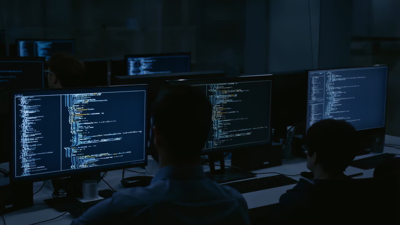 Developers working on code in a dark office