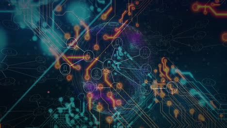 animation of flowchart of icons and circuit board pattern over globe against abstract background