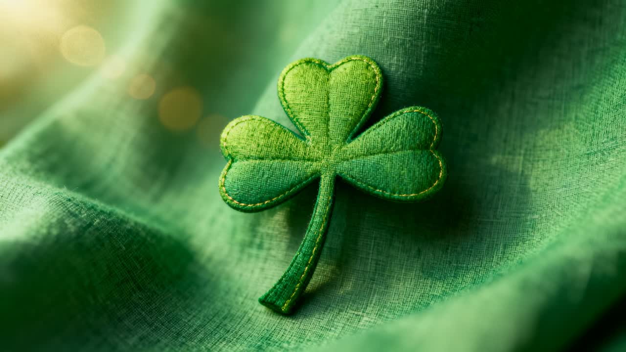 Reacting to warm flare, camera dollying and tilting over green cloth, revealing shamrock stitches
