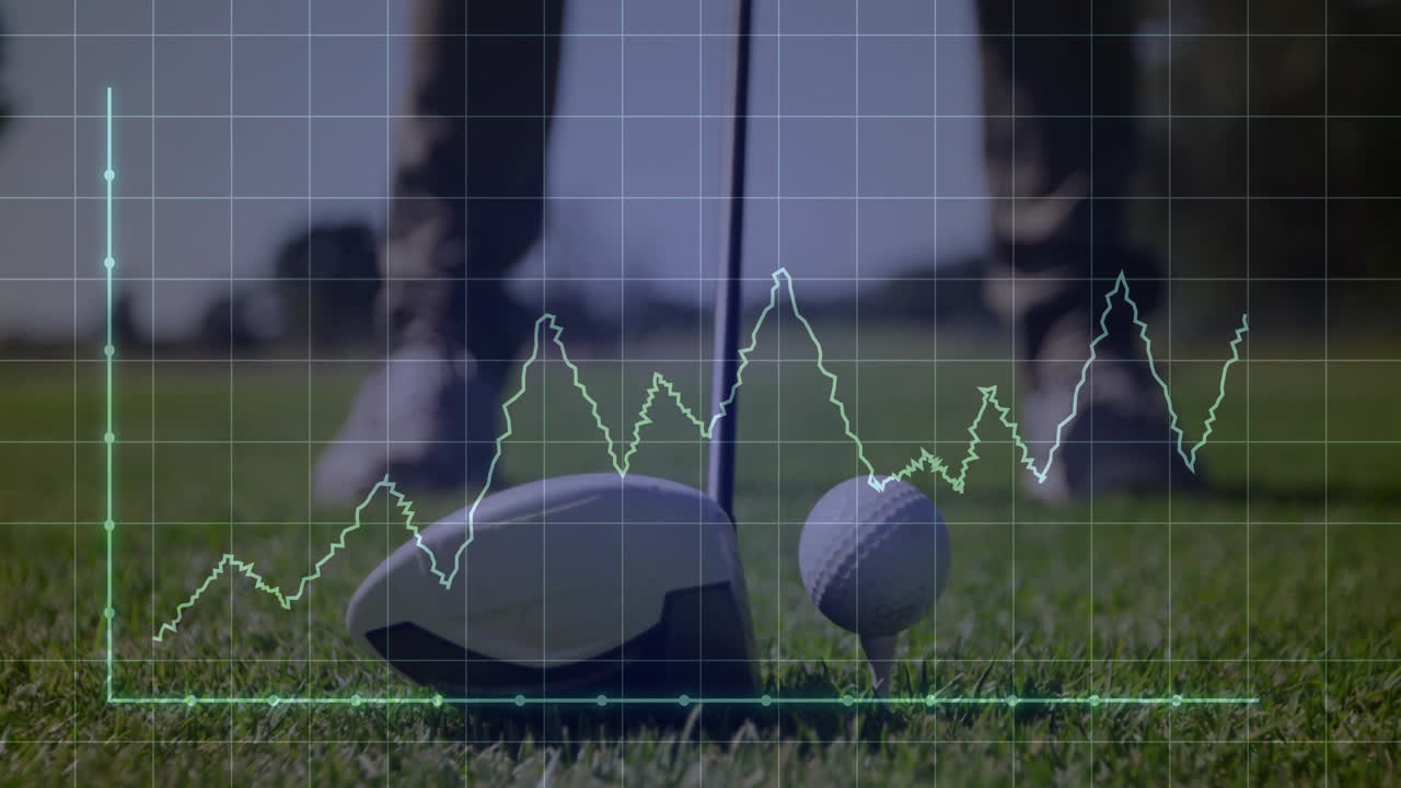 Golfer preparing drive on fairway, showing technology overlay with grid and line chart