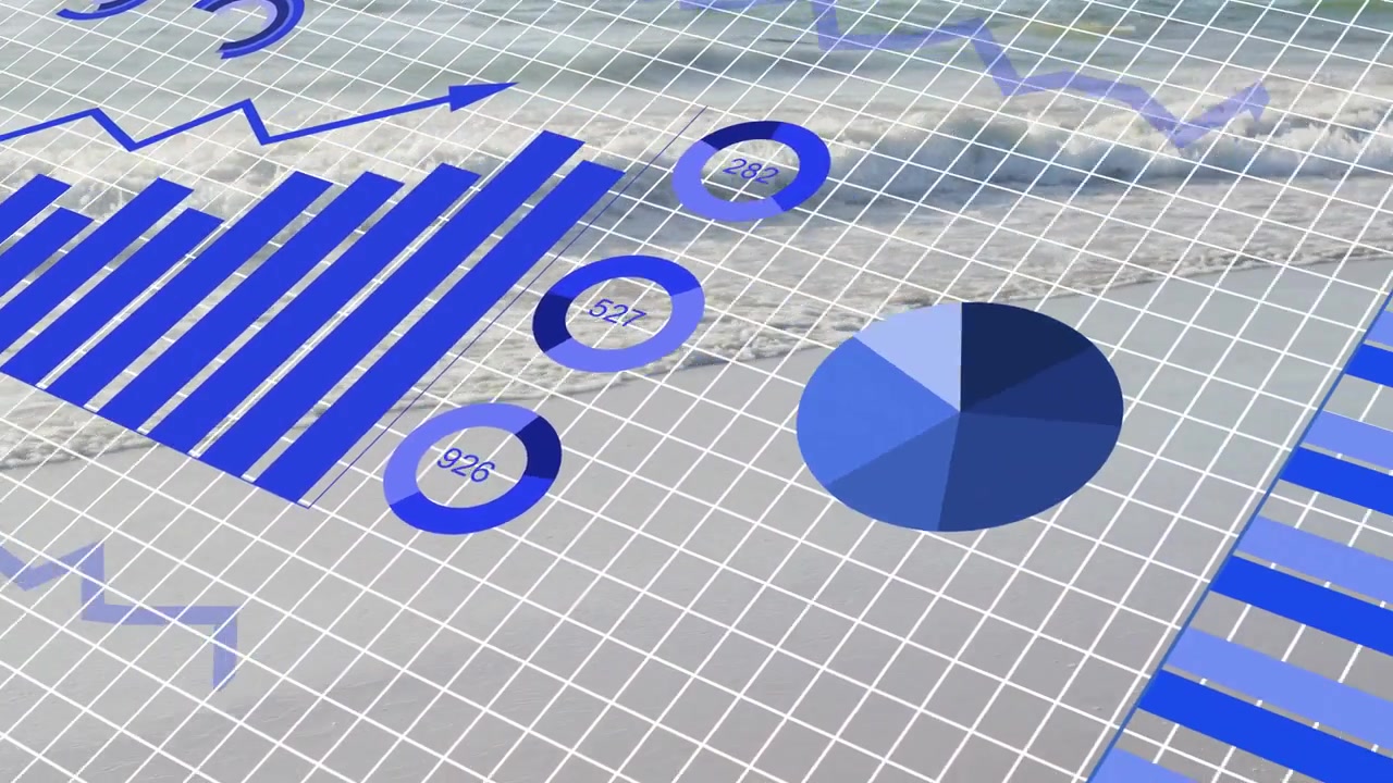Højre bevægelse initierer blåt 3D finans-dashboard, der udfolder sig på gitter, med voksende søjler, linjer, ringe og cirkeldiagram