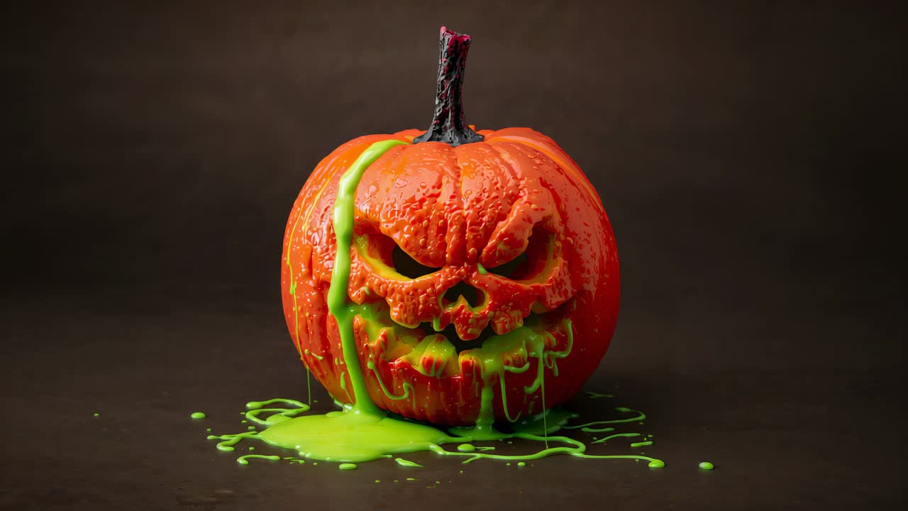 Streaming neon-green slime off-frame, coating carved pumpkin on dark tabletop, creating eerie glaze