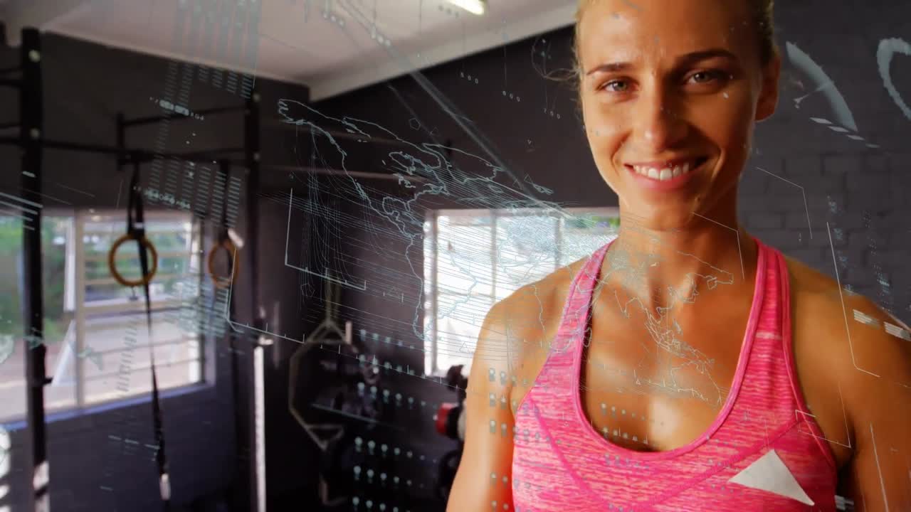 animación del procesamiento de datos sobre una mujer caucásica en el gimnasio