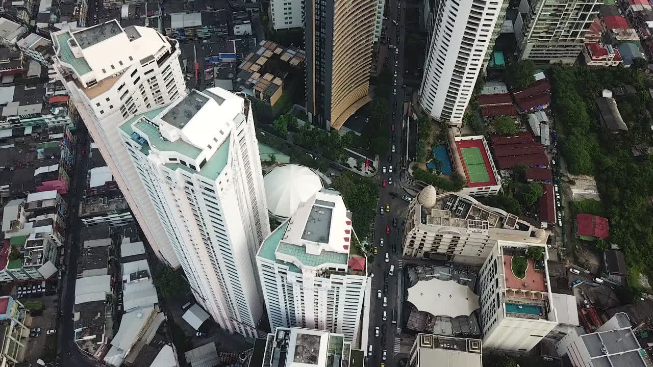Birdseye Aerial View of Upscale Apartment Buildings in Residental District, Bangkok Thailand