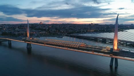 istanbul, unkapani subway bridge aerial footage at sunset