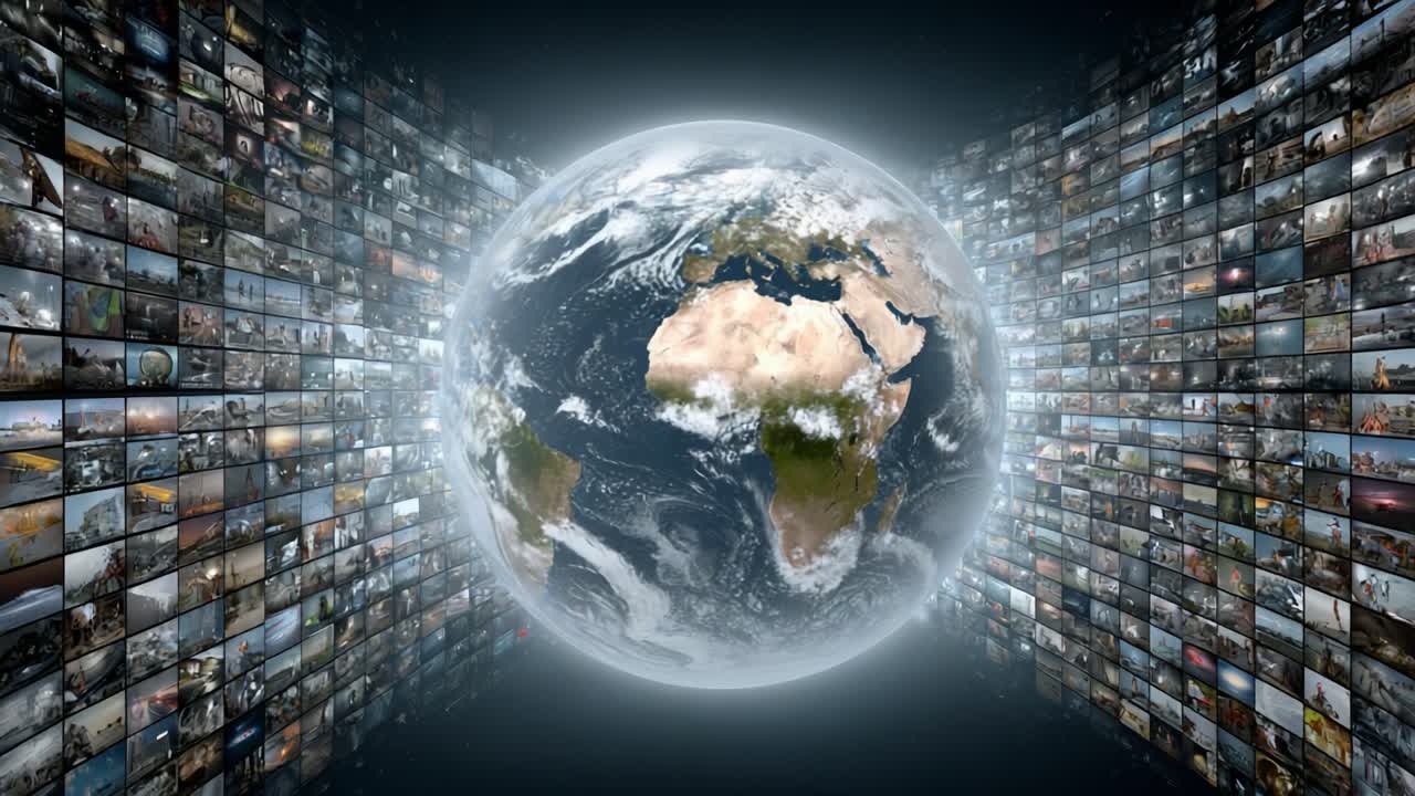 Uma representação visual impressionante do nosso planeta, cercado por uma colagem de mídia exibindo diversas culturas mundiais e paisagens naturais em formato digital