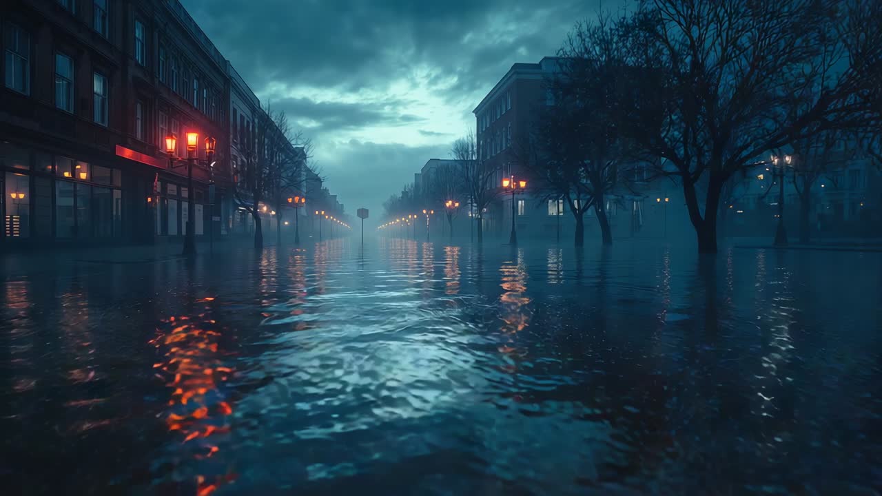 Inquadratura iniziale che cattura l'acqua alta che riflette i lampioni sul viale allagato al crepuscolo, a scopo di documentazione