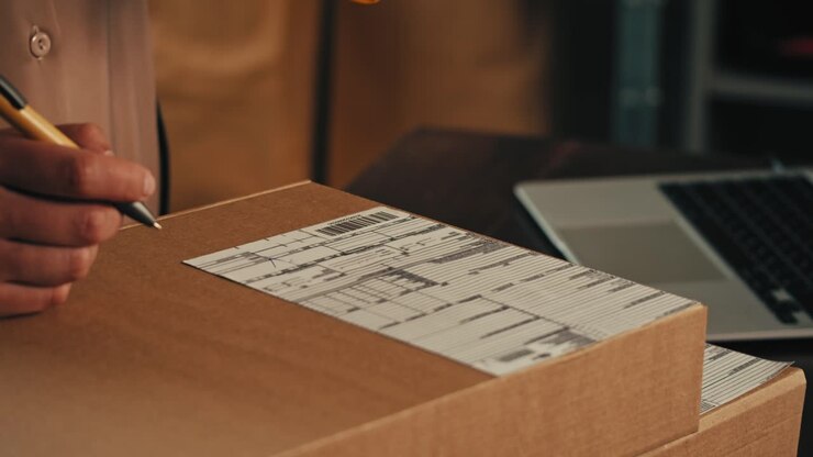 E-commerce storage shop, woman packing goods and clothes for second hand delivery market, dedicated Packaging and Shipping Workspace with Supplies and Technology for efficiency, online sales.