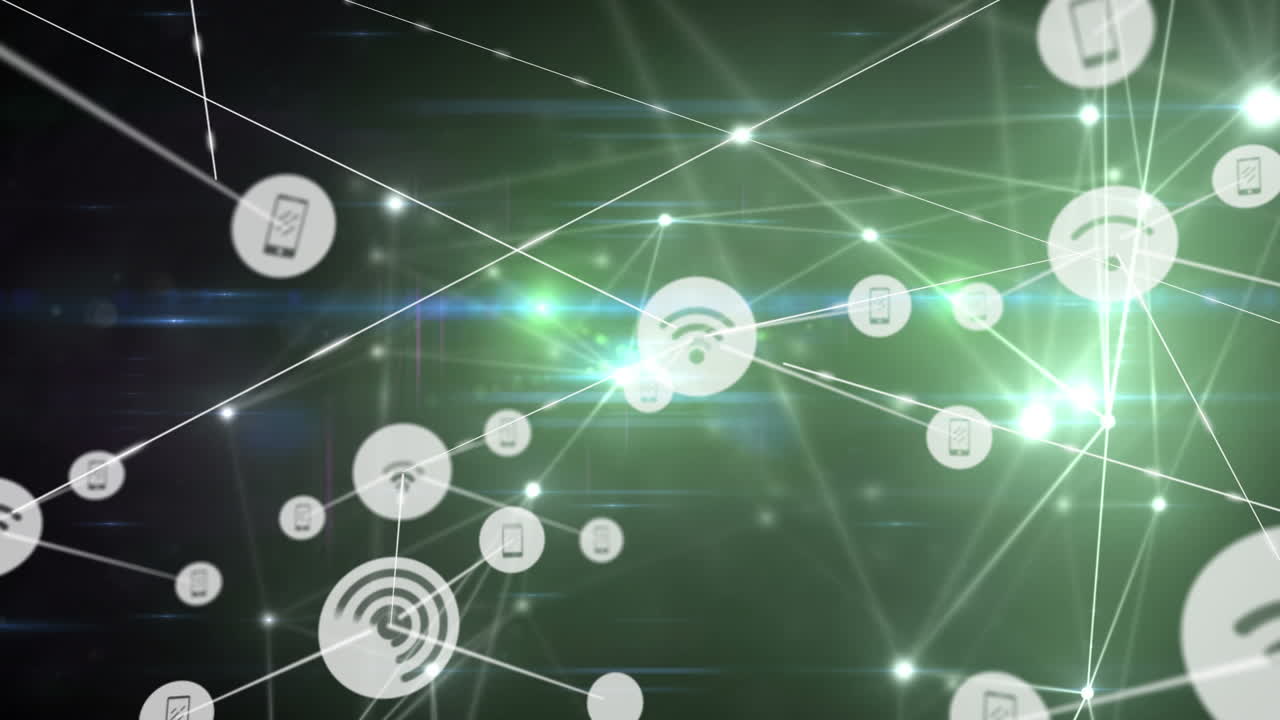 검은색 배경에 아이콘을 가진 연결 네트워크의 애니메이션