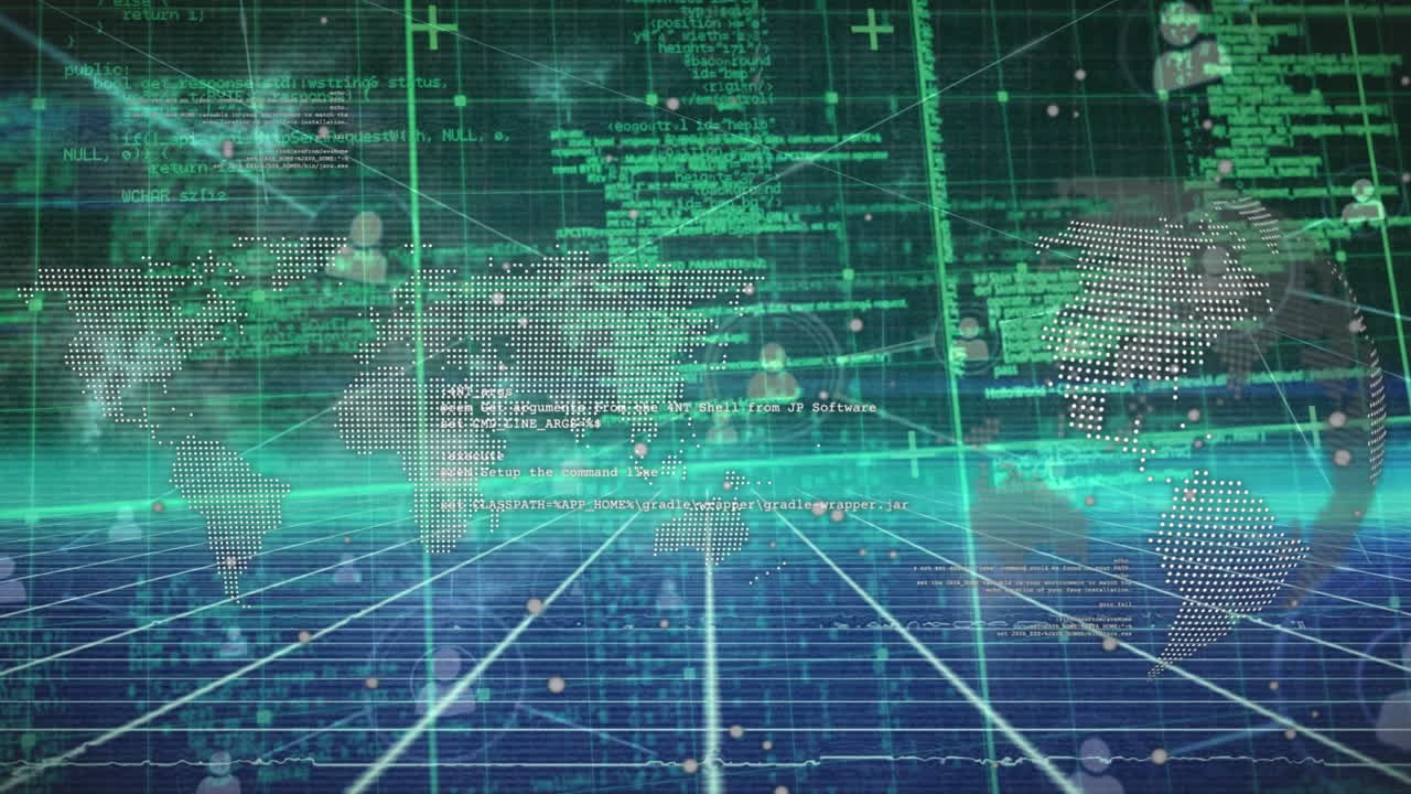 animação do globo e processamento de dados no espaço digital verde e azul