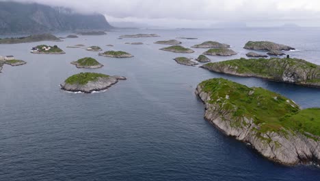 drone shot of henningsvaer in lofoten islands in norway during summer 4k