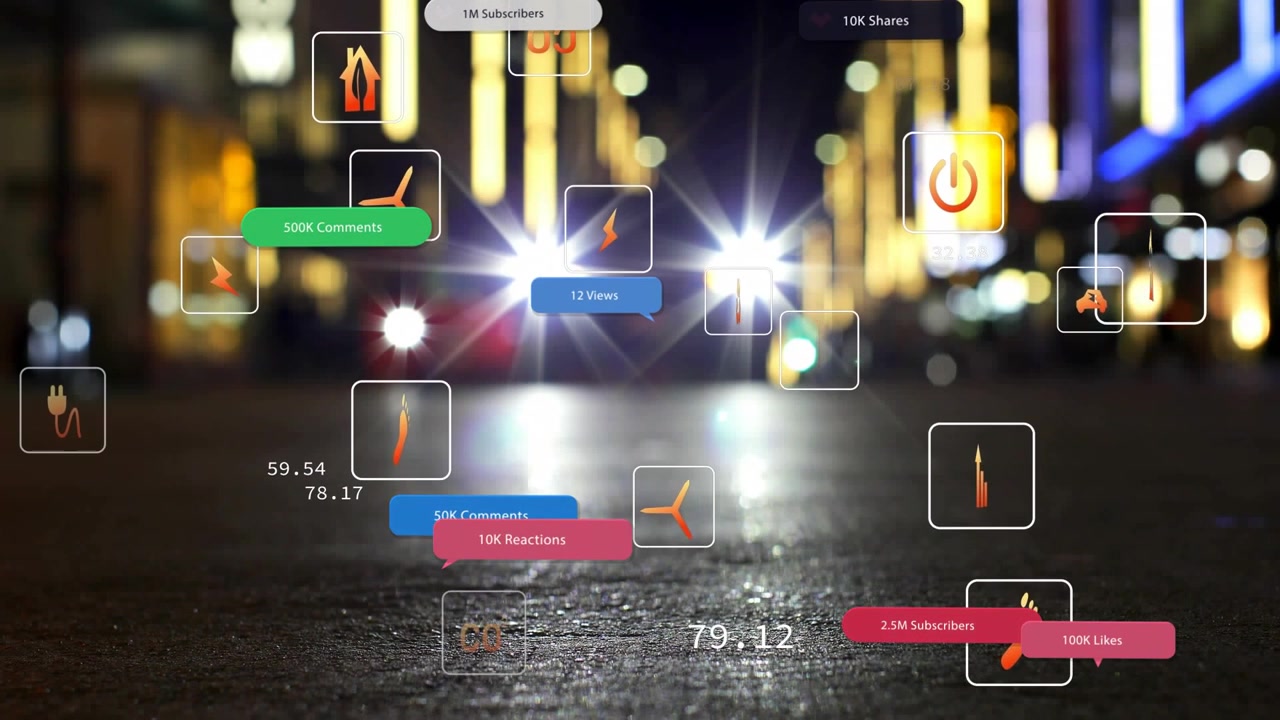 Pair headlights entering, starting social UI badges floating over asphalt, visualizing engagement
