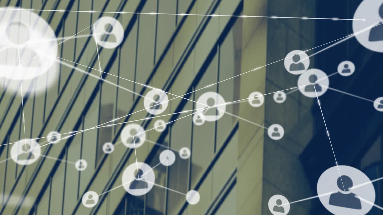 도시 풍경 위의 아이콘으로 연결된 네트워크의 애니메이션