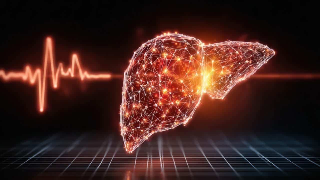 A Stunning Visual Representation of the Human Liver Using Advanced Digital Graphics and Heartbeat Monitoring, Emphasizing the Concept of Liver Health and Body Functionality