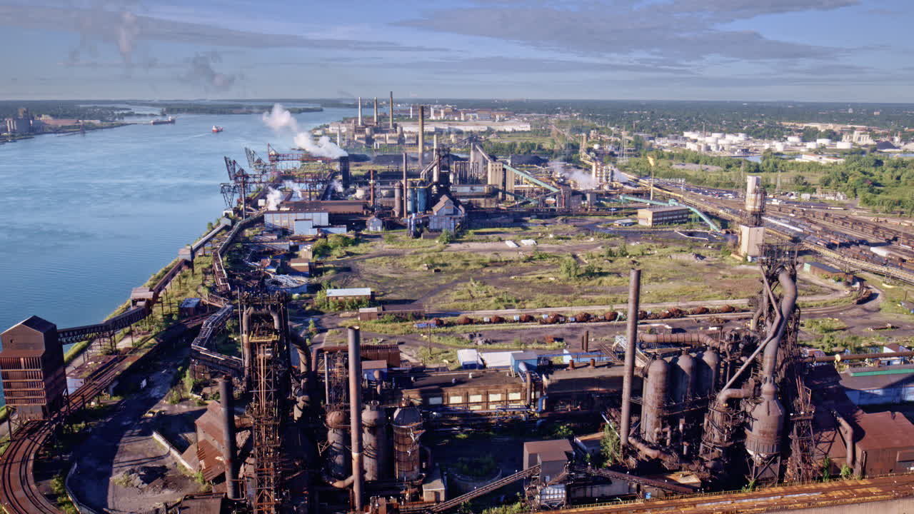 Drone camera gliding around the bridge linking American and Canadian shores