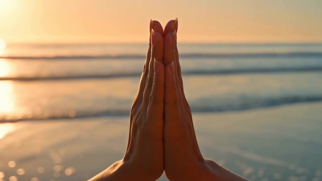 Two hands are pressed together in a prayer gesture beside a calm seaside shoreline at sunset, with warm golden light, soft waves, and a blurred horizon creating a serene outdoor scene