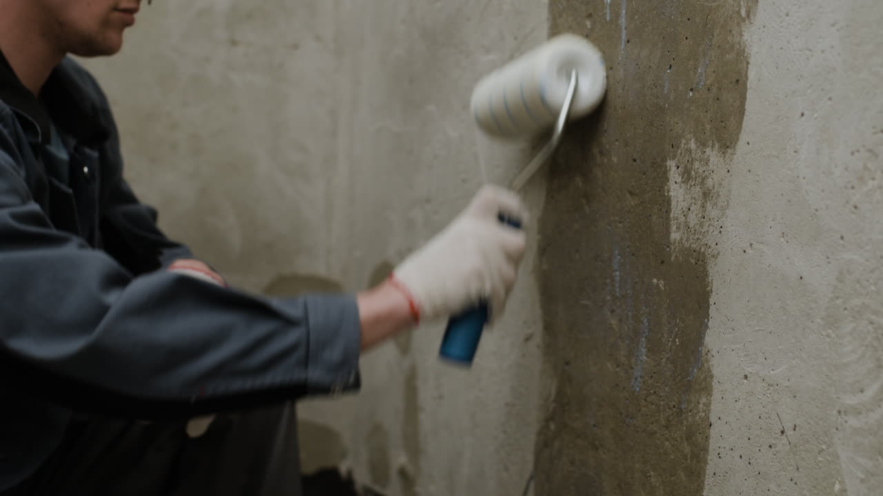 Worker Repairing a Concrete Wall with a Roller