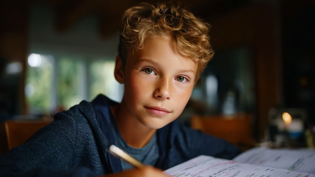 Ragazzo concentrato che studia diligentemente a casa, prendendo appunti e completando i compiti con determinazione in un ambiente di studio accogliente e pieno di luce naturale