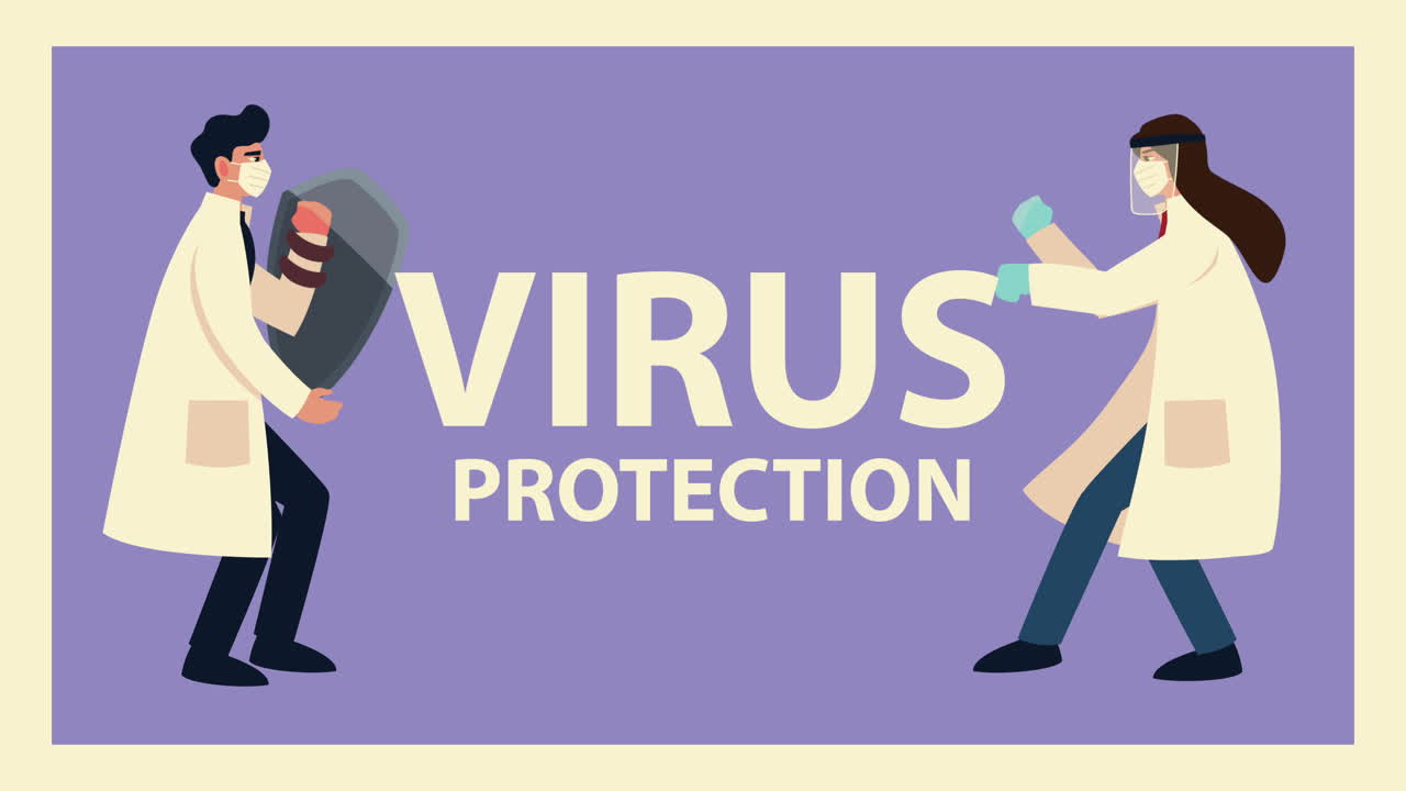 doctors couple wearing medical masks fighting with shield and lettering