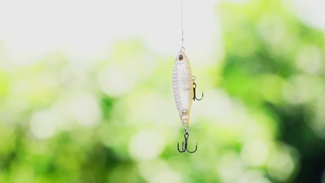 fishing lure hanging against blurry green background