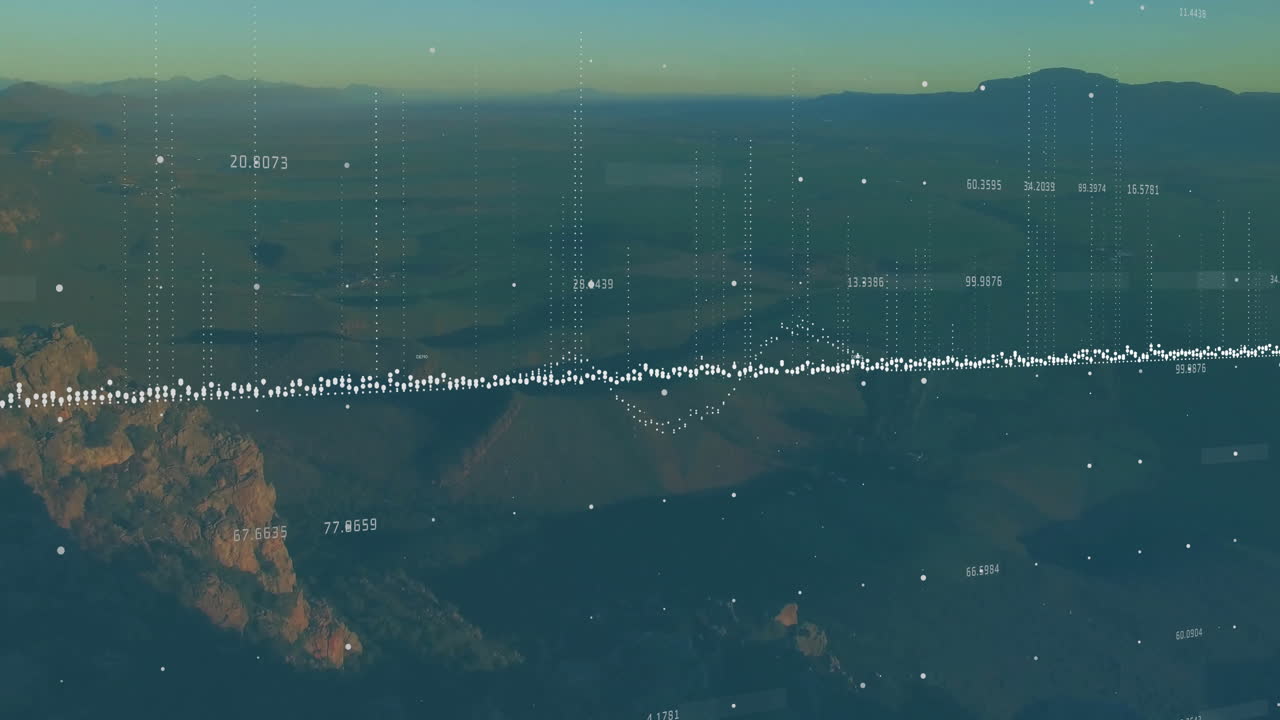Flat design data visualization displaying over mountains, showing dotted waveform, numeric labels